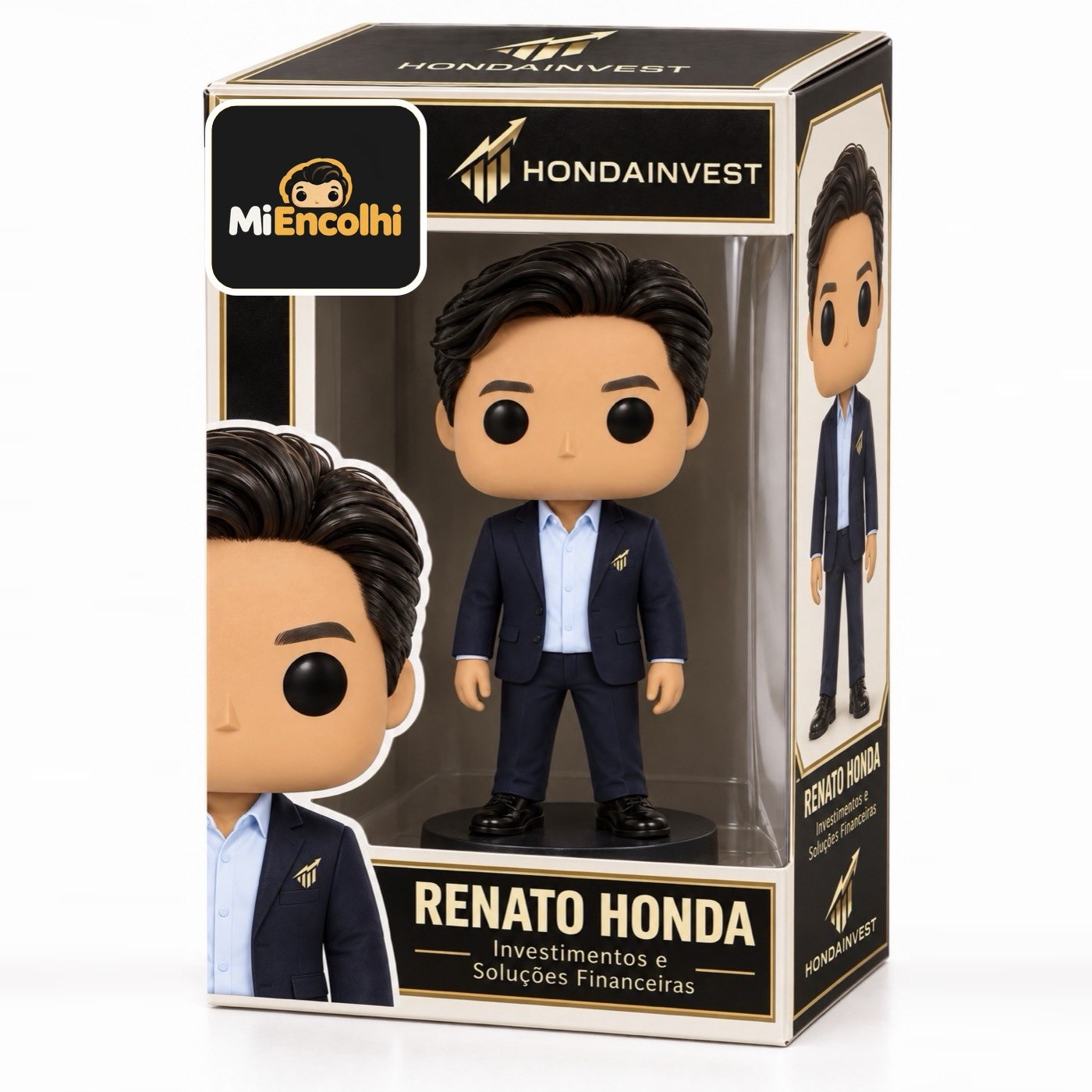 Caixa preta e dourada com a marca HondaInvest e o boneco de Renato Honda