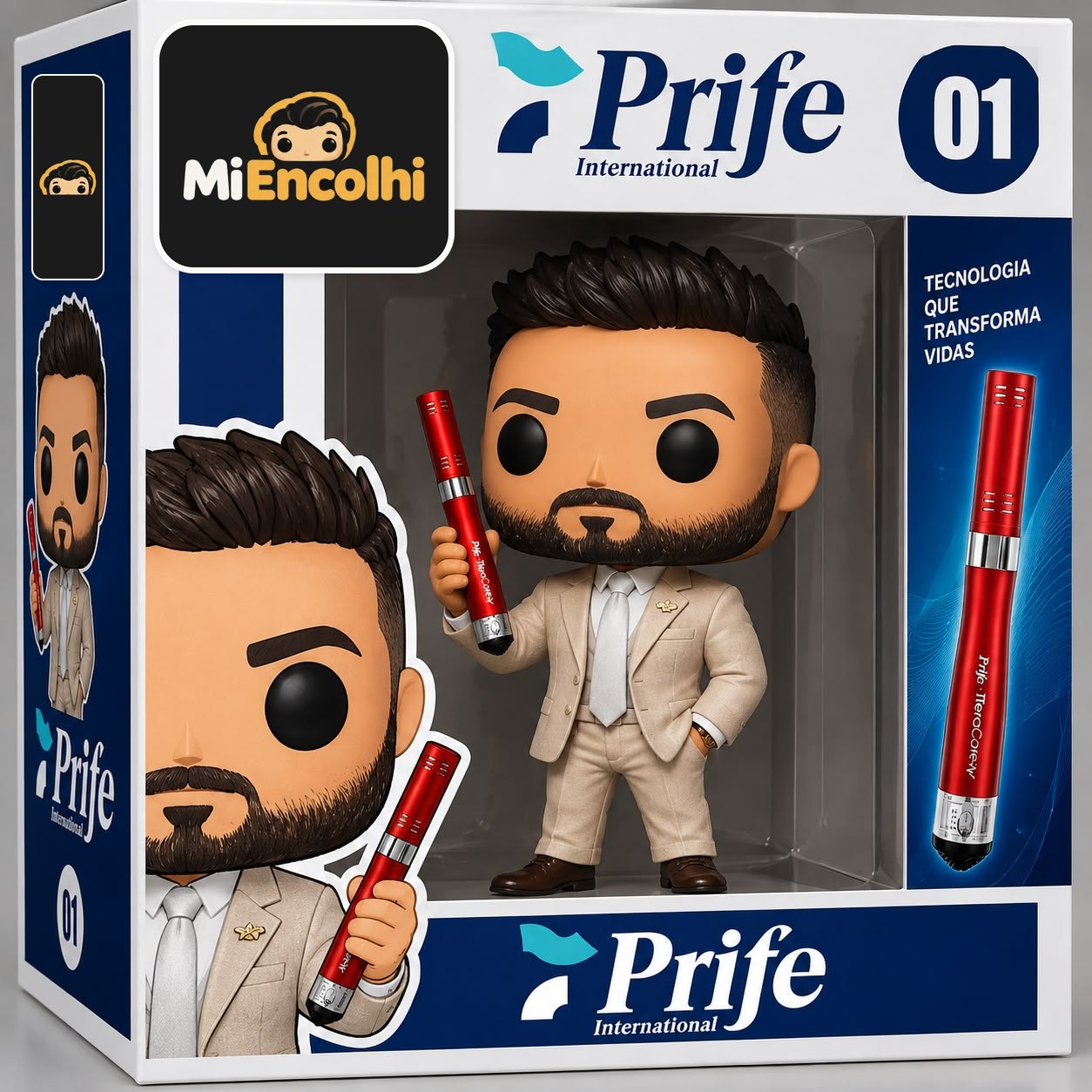 Caixa azul-marinho e branca da Prife International com boneco de terno bege segurando um aparelho vermelho